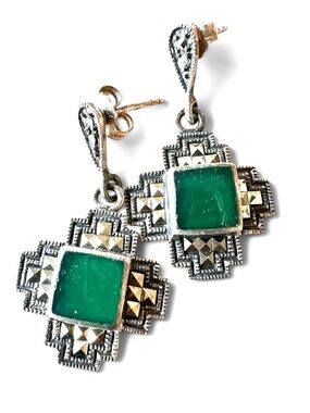 Art Deco 925 Sterling Silver Jade Earrings